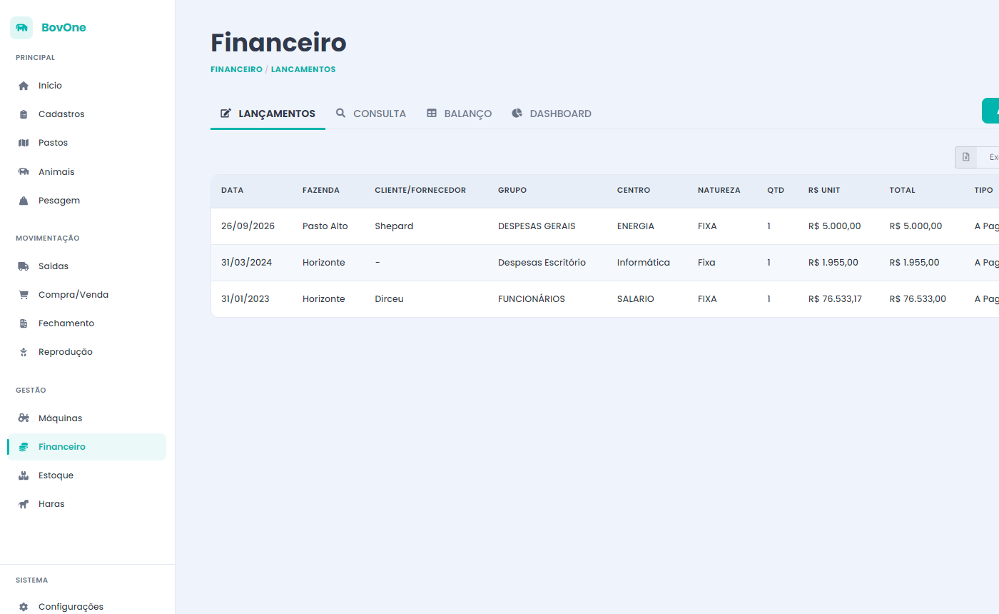 Tela do financeiro com contas a pagar e a receber e balanço anual por centro de custo.